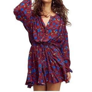 Free People Floral Fields Burgundy & Blur Floral Long Sleeve Pleated Mini Dress